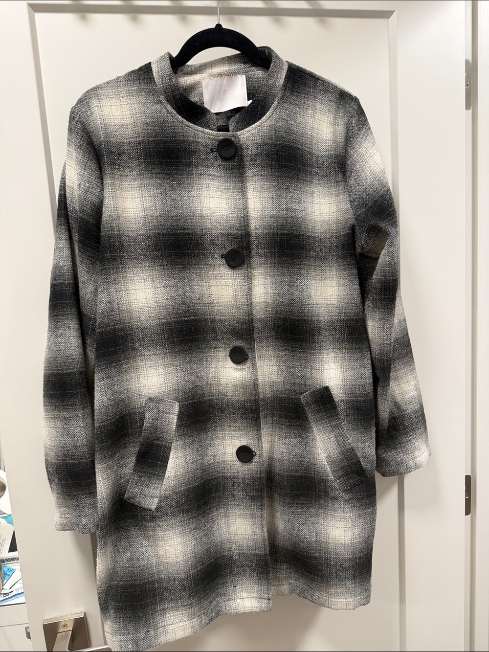 Black & White Plaid Collarless Pea Coat